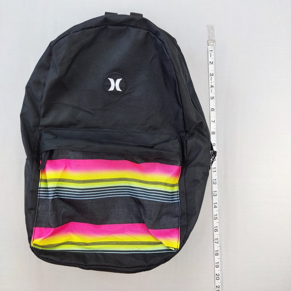 Hurley Backpack Unisex OS Black Neon Pink Yellow Striped Logo School Bag Travel